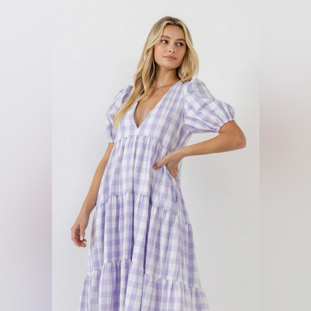 NWT English Factory Women’s Gingham Tiered Puff Sleeve Dress, Lavender, Large - Picture 3 of 4